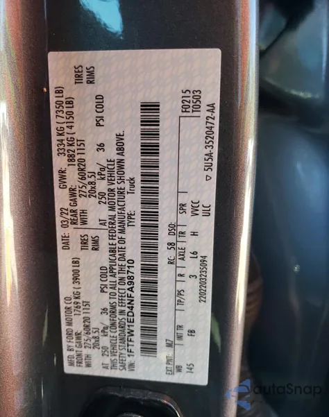 2022 Ford F150 Supercrew из США, поврежденный, VIN 1FTFW1ED4NFA98710